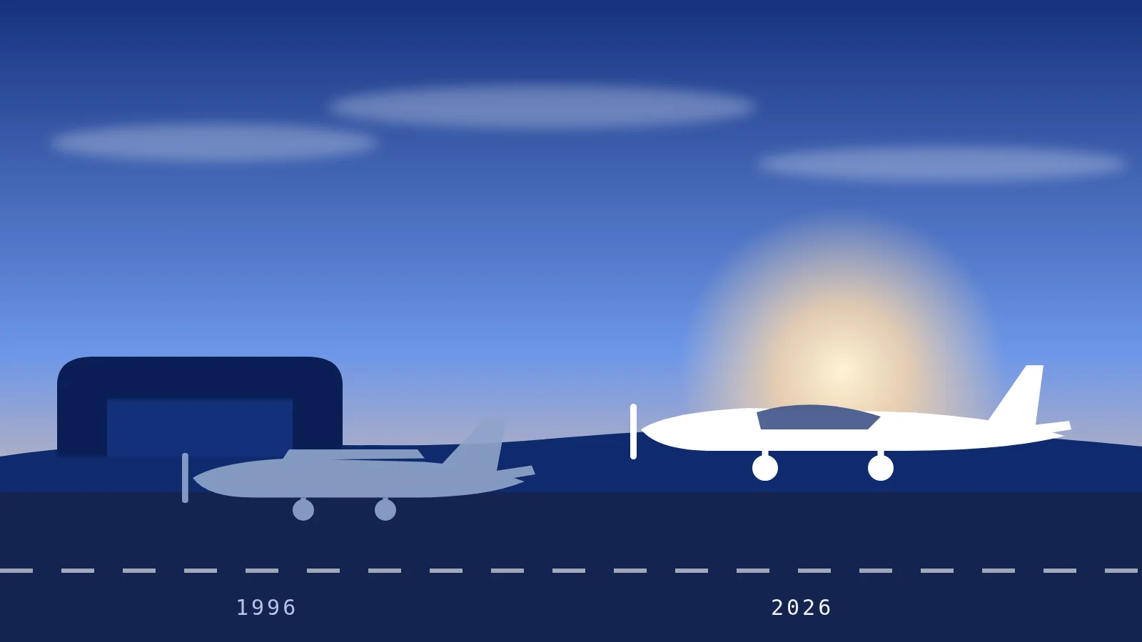 Illustration : un avion-école ancien devant un hangar et un avion-école moderne au lever du soleil, avec les années 1996 et 2026