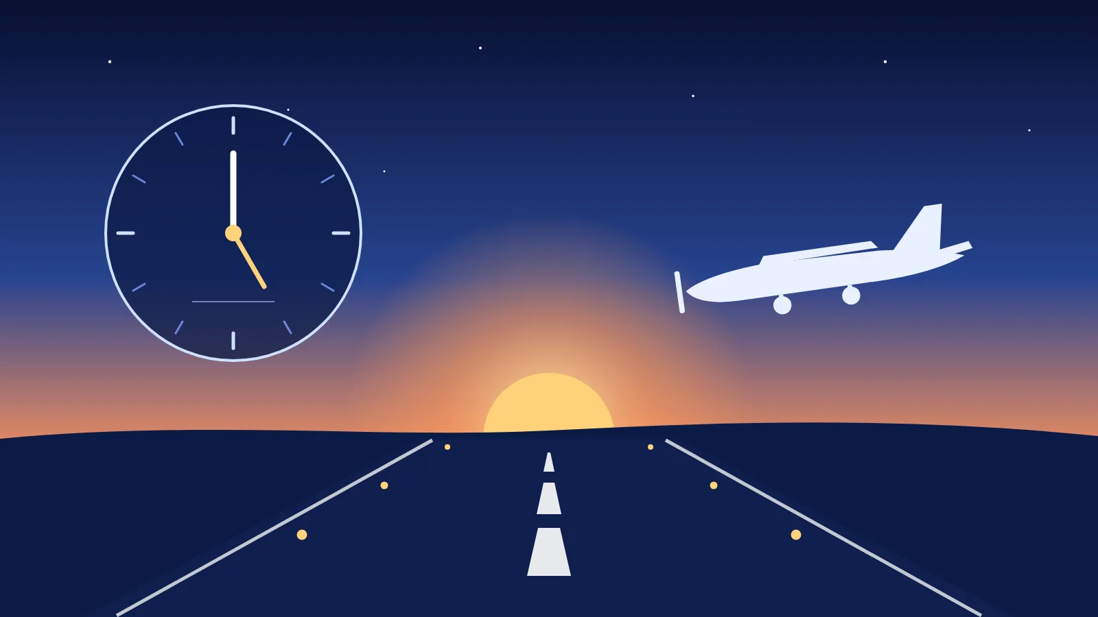 Illustration : une horloge qui indique cinq heures, le soleil qui se couche au bout d’une piste aux balises allumées et un avion léger qui décolle