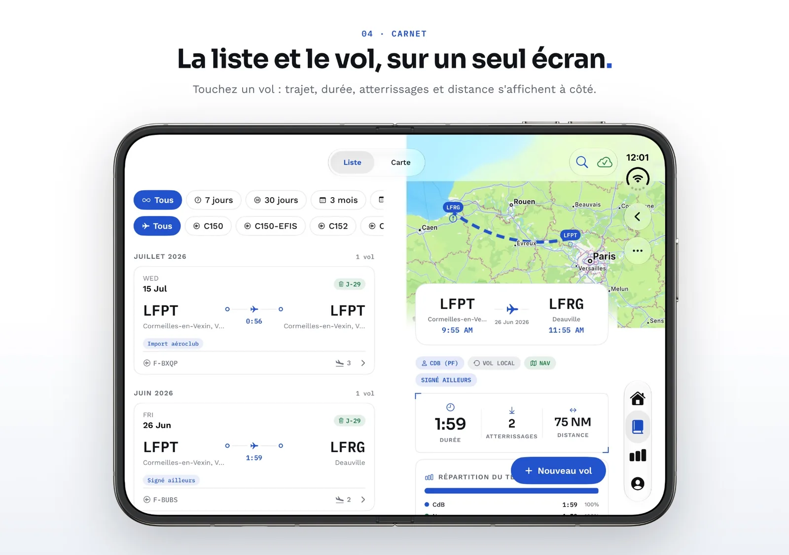 AElog sur l’écran déplié de l’iPhone DUO : à gauche la liste des vols par mois, à droite la carte du vol LFPT vers LFRG, 1 h 59, 2 atterrissages, 75 NM