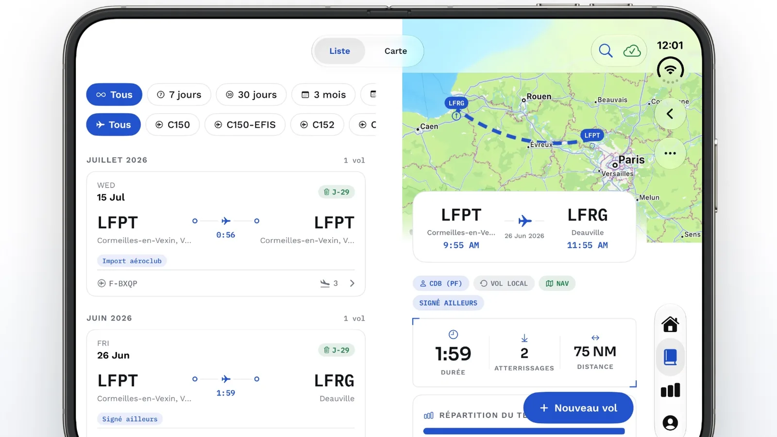 AElog sur l’écran déplié de l’iPhone DUO : la liste des vols à gauche, la carte du vol à droite