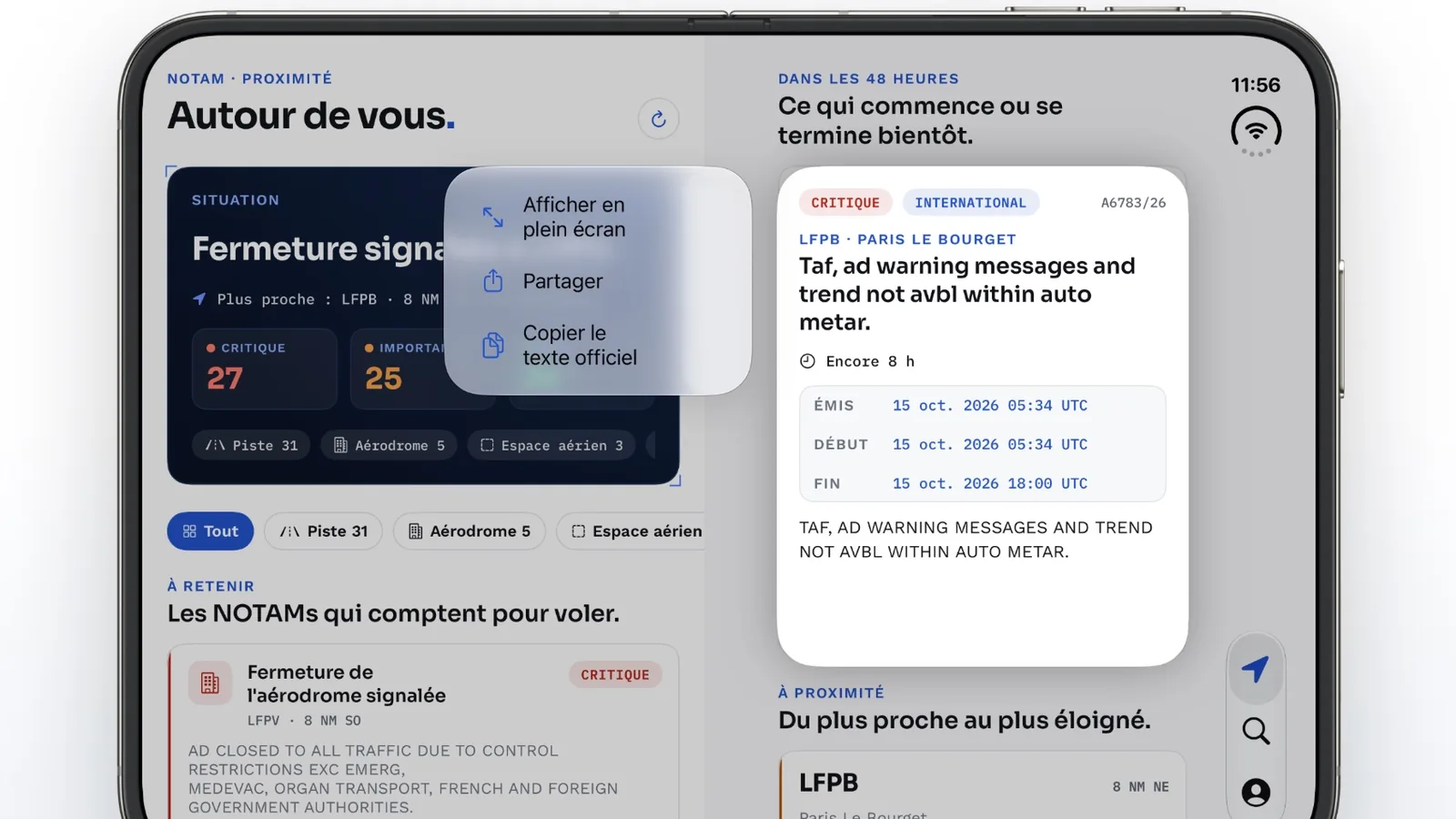 NOTAM sur l’écran déplié de l’iPhone DUO : la vue Proximité et le détail d’un NOTAM critique