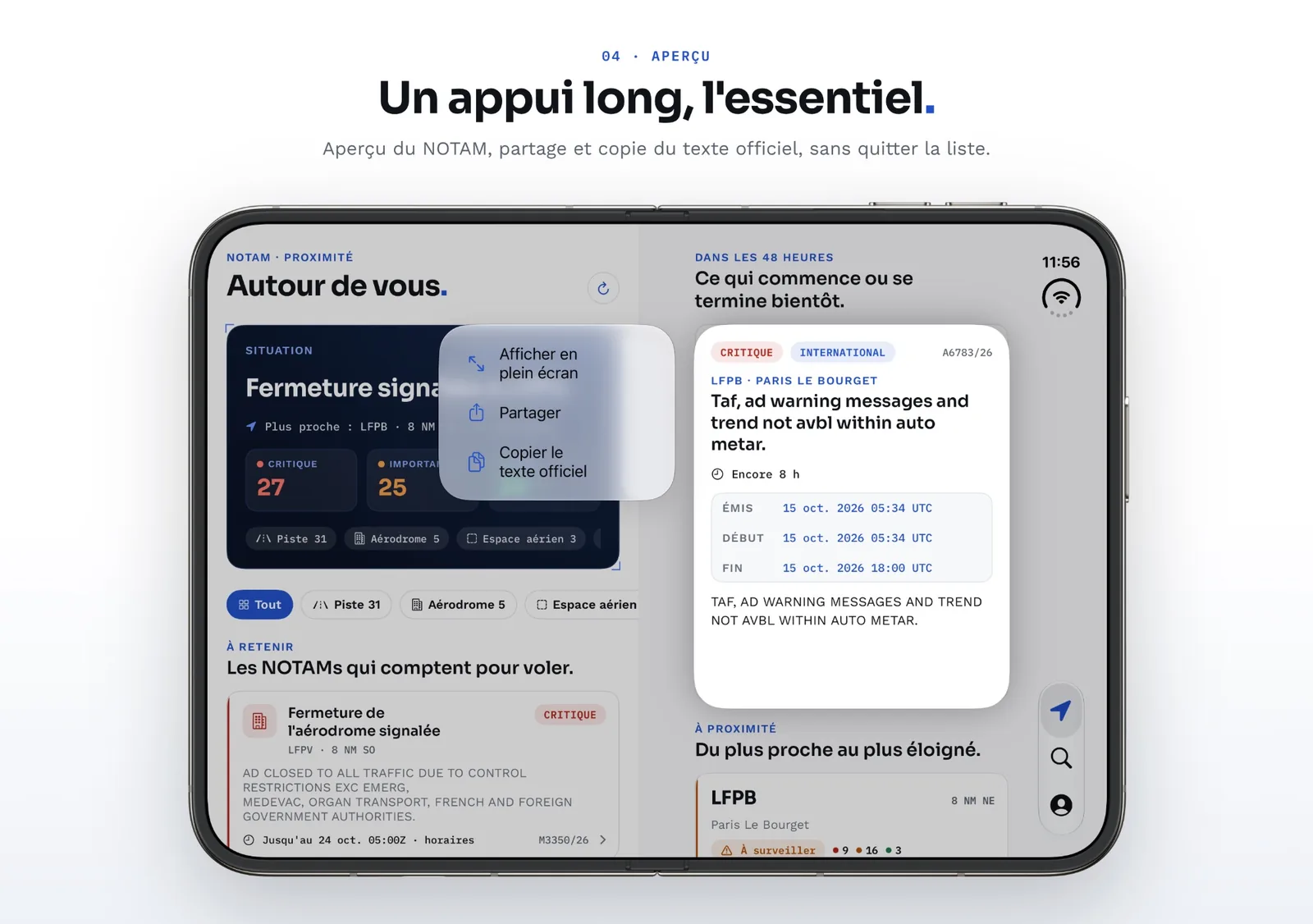 NOTAM sur l’écran déplié de l’iPhone DUO : à gauche la vue Proximité et un menu d’appui long, à droite le détail d’un NOTAM critique de LFPB
