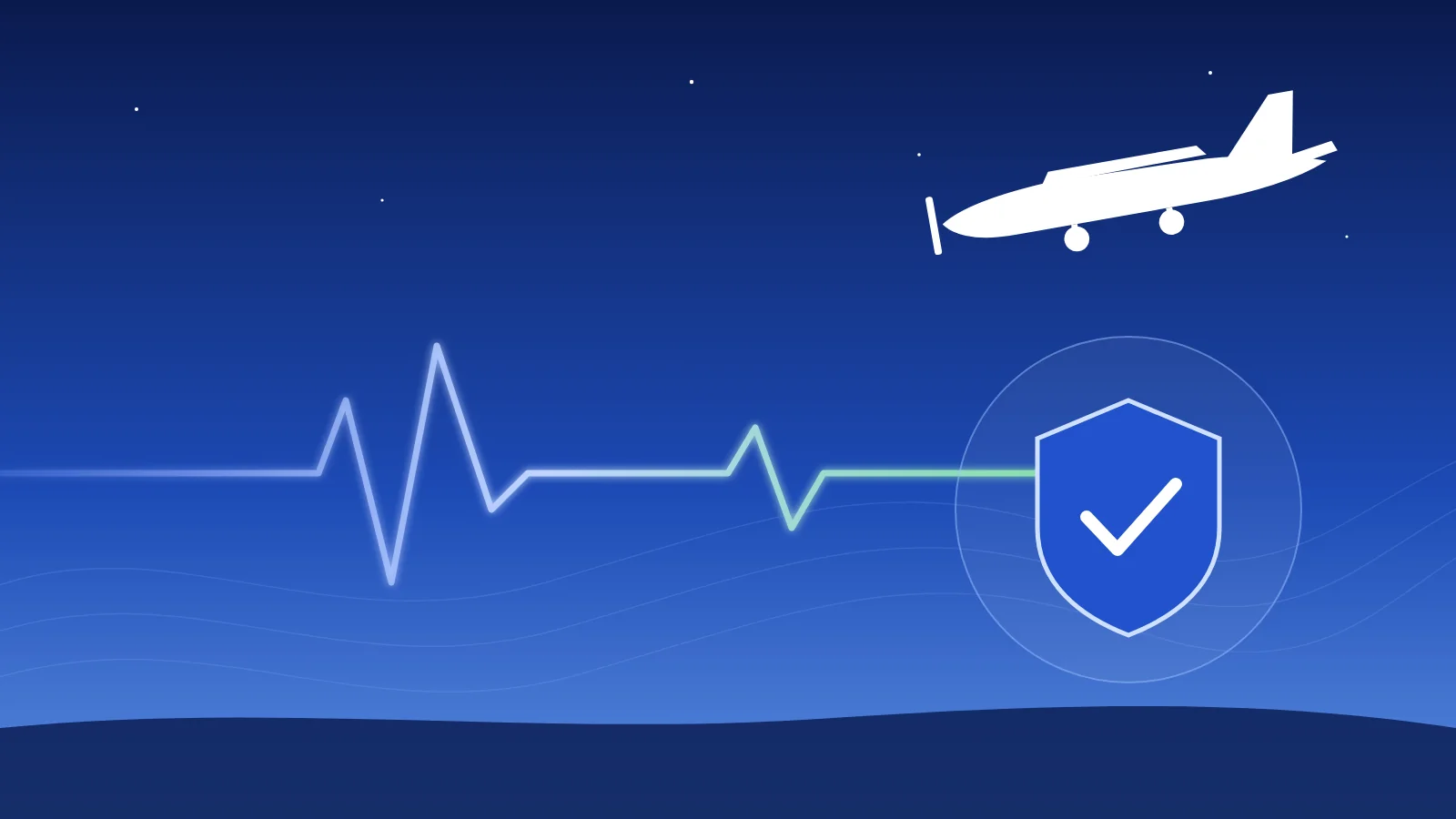 Illustration : un tracé de rythme cardiaque qui mène à un bouclier validé, sous un avion léger en montée
