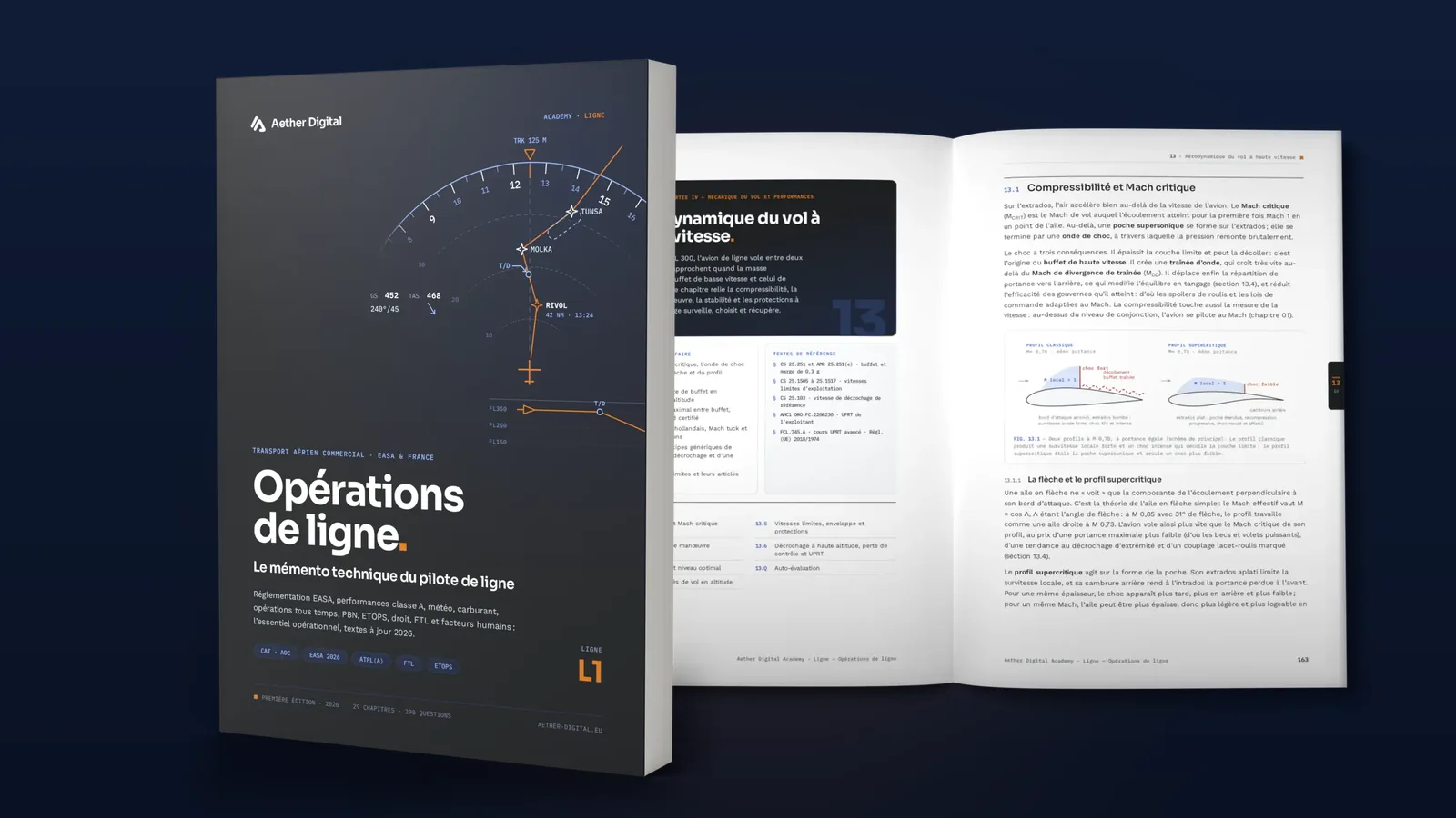Le livre Opérations de ligne debout, à côté d’un exemplaire ouvert sur le chapitre Aérodynamique du vol à haute vitesse