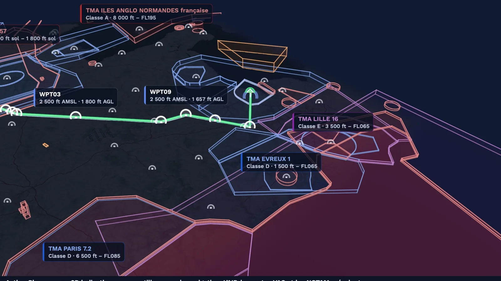 La vue 3D d’Aether Planner : la route en vert au-dessus du relief, avec les espaces aériens du SIA dessinés en volumes et leurs limites en étiquettes