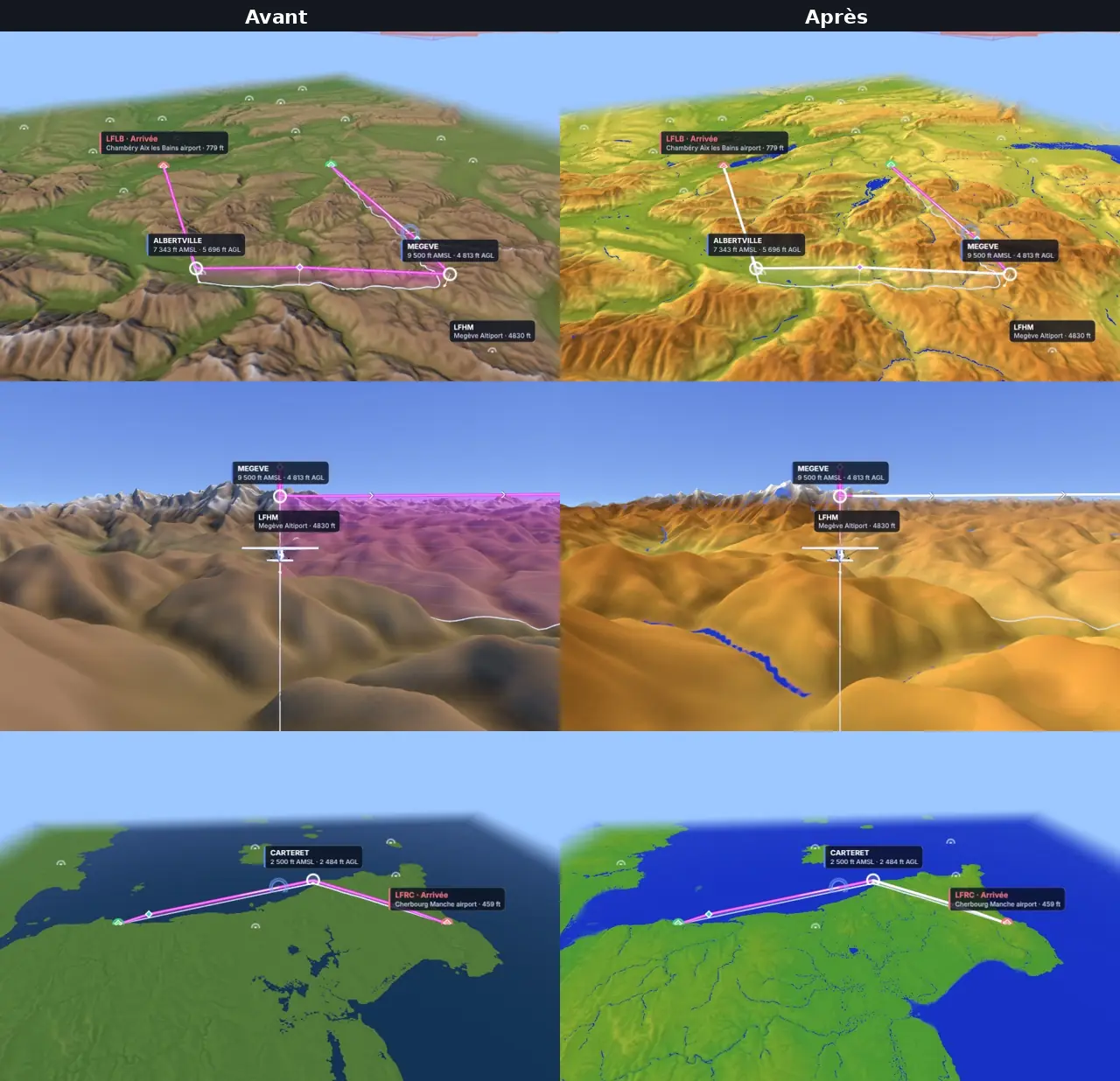 Trois vues 3D de la même route, avant à gauche et après à droite : le relief des Alpes passe d’un vert et brun sobres à une palette avionique du vert à l’ocre, et les lacs, les rivières et la mer apparaissent en bleu
