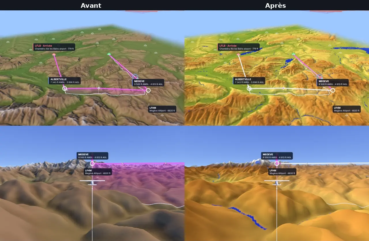 Deux vues 3D de la même route, avant à gauche et après à droite : le relief des Alpes passe d’un vert et brun sobres à une palette avionique du vert à l’ocre, avec lacs et rivières en bleu