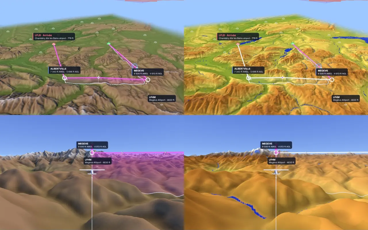 Deux vues 3D de la même route, avant à gauche et après à droite : le relief des Alpes passe d’un vert et brun sobres à une palette avionique du vert à l’ocre, avec lacs et rivières en bleu