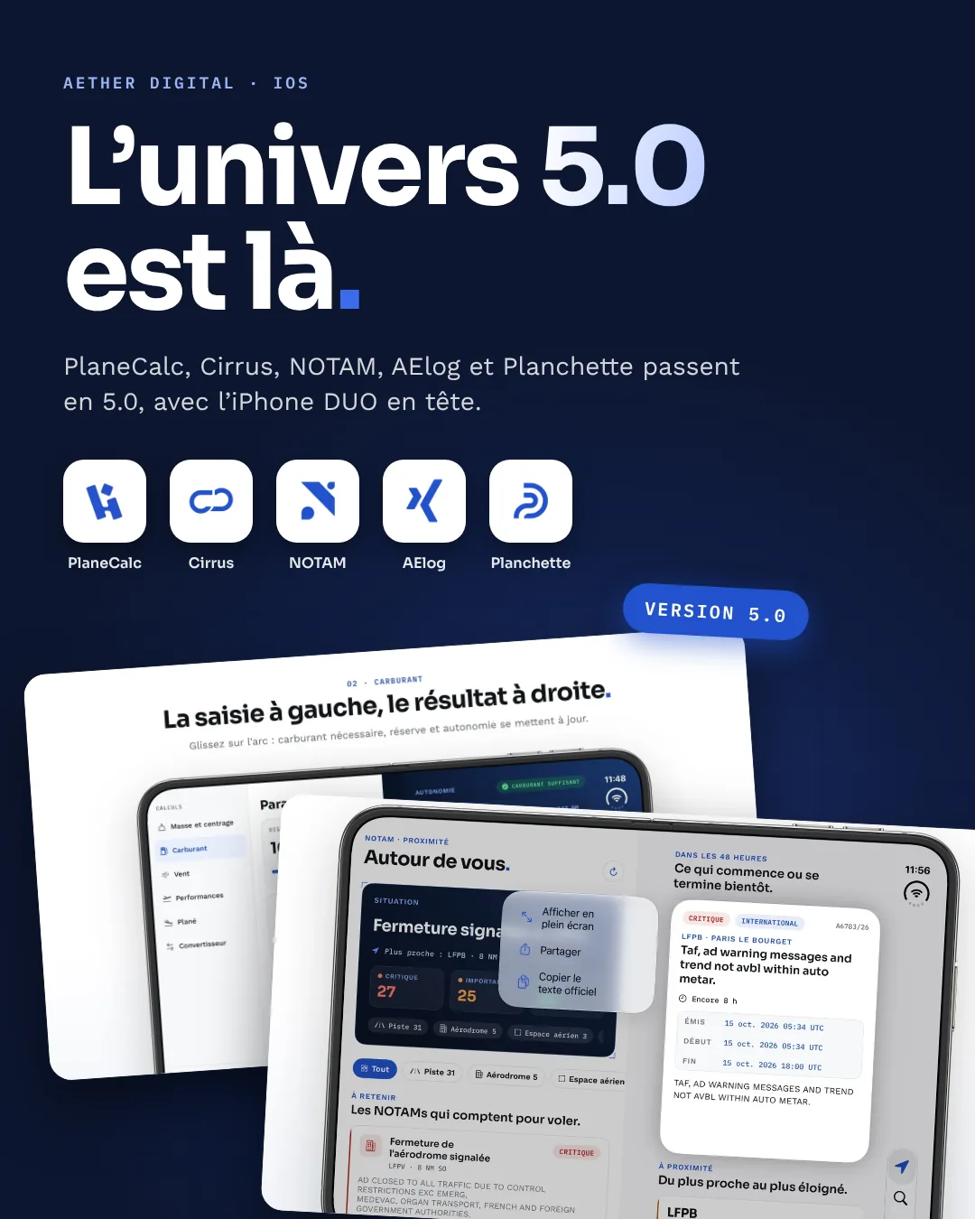 L’univers 5.0 est là : les icônes de PlaneCalc, Cirrus, NOTAM, AElog et Planchette devant des écrans de l’iPhone DUO
