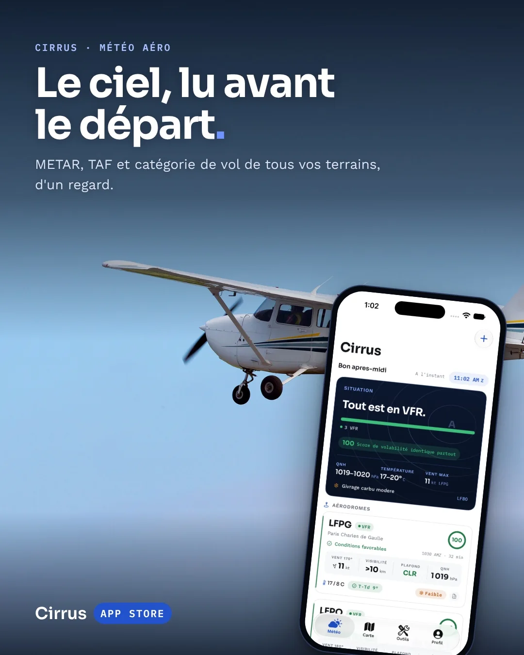 Visuel Cirrus : Le ciel, lu avant le départ, avec un avion en vol