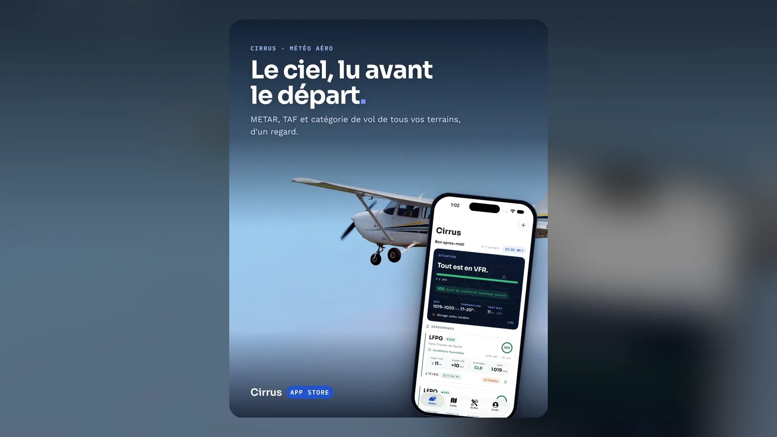 Visuel Cirrus : Le ciel, lu avant le départ, avec un avion en vol
