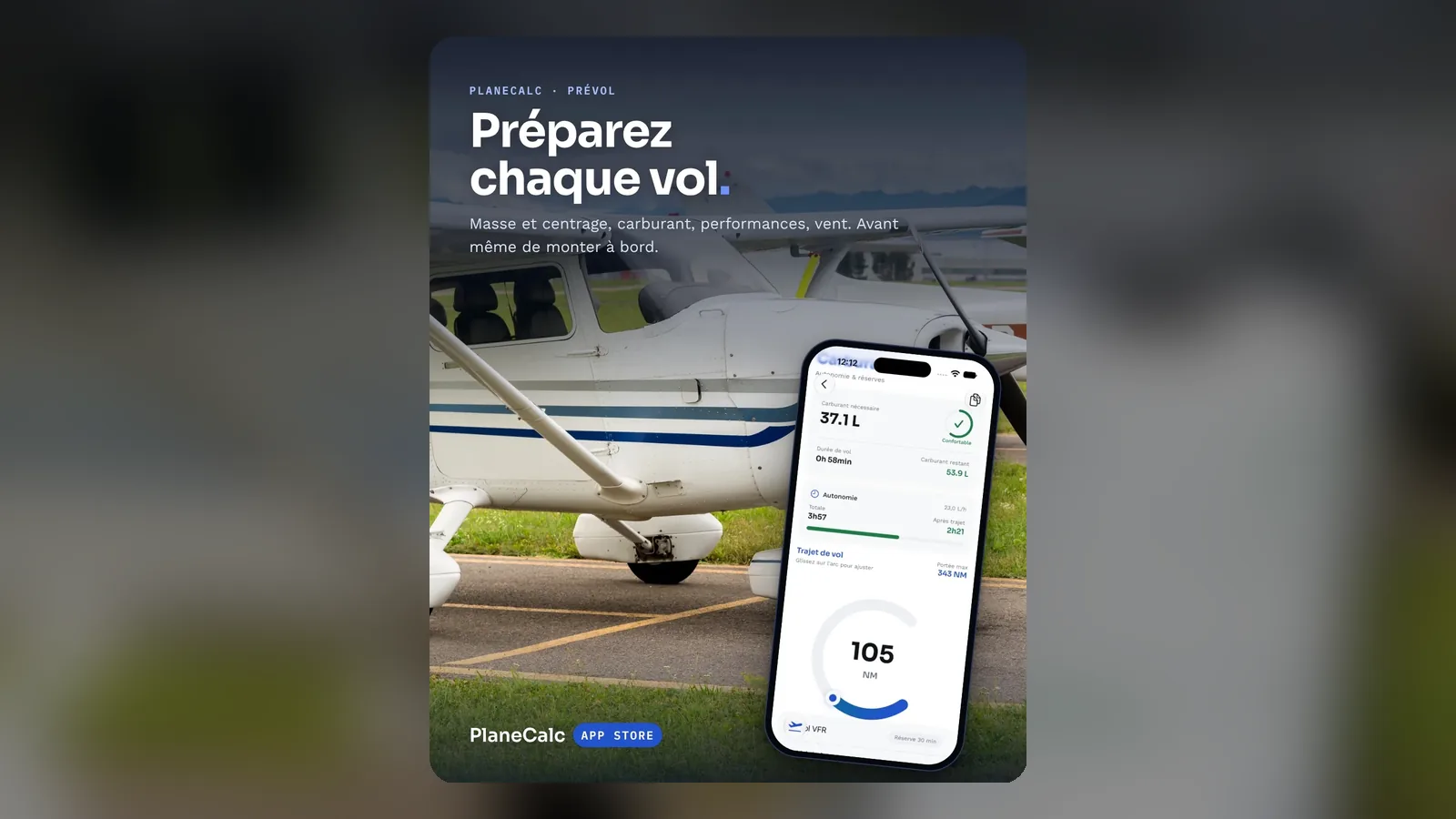 Visuel PlaneCalc : Préparez chaque vol, devant un Cessna