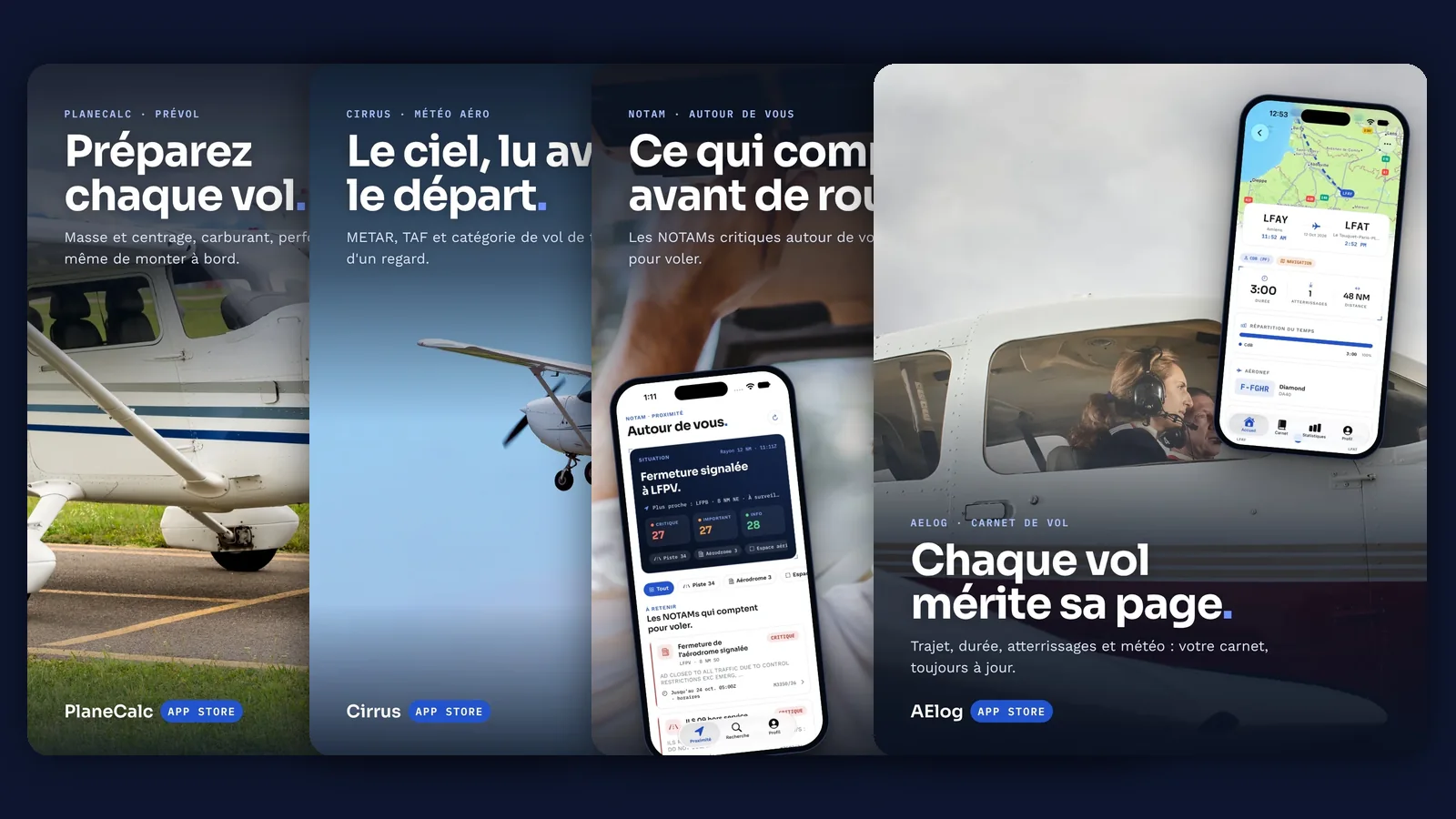 Les visuels des applications PlaneCalc, Cirrus, NOTAM et AElog côte à côte
