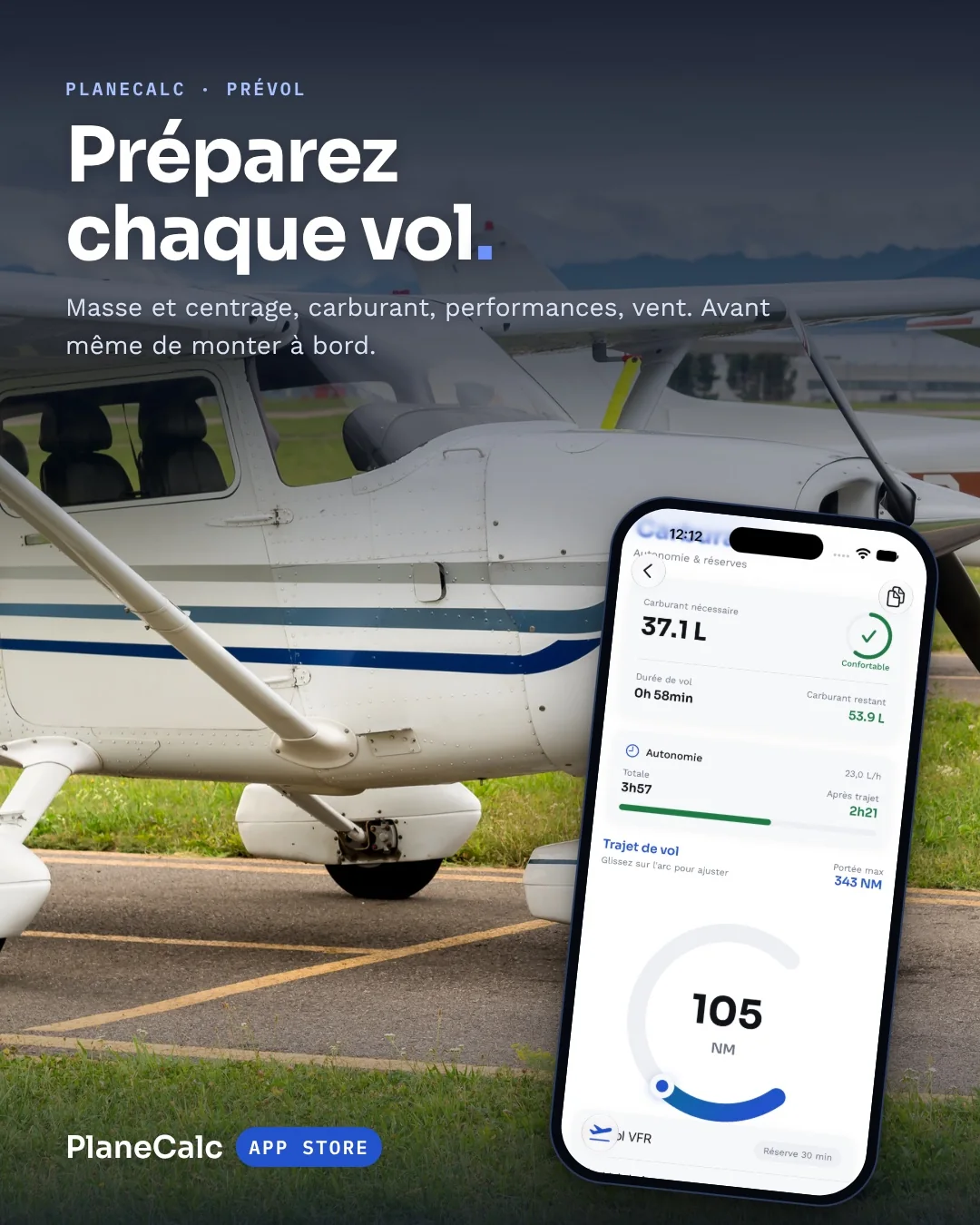 Visuel PlaneCalc : Préparez chaque vol, devant un Cessna