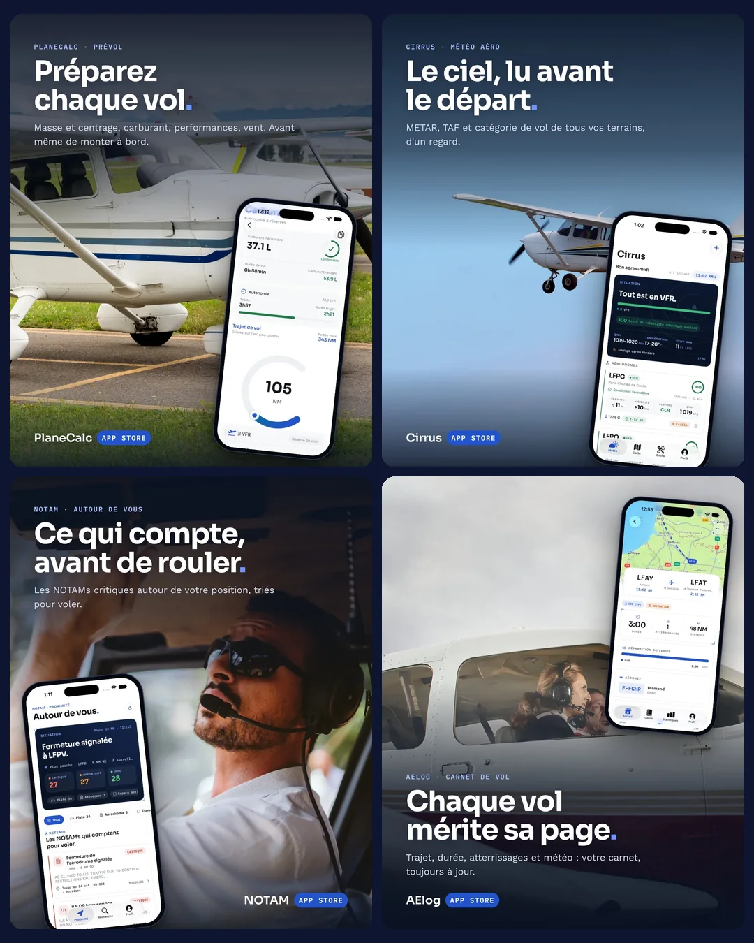 Les visuels des applications PlaneCalc, Cirrus, NOTAM et AElog côte à côte