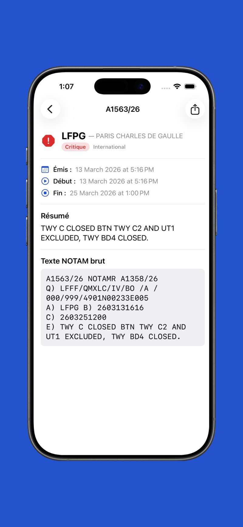 Capture d'écran NOTAM — Liste par aérodrome
