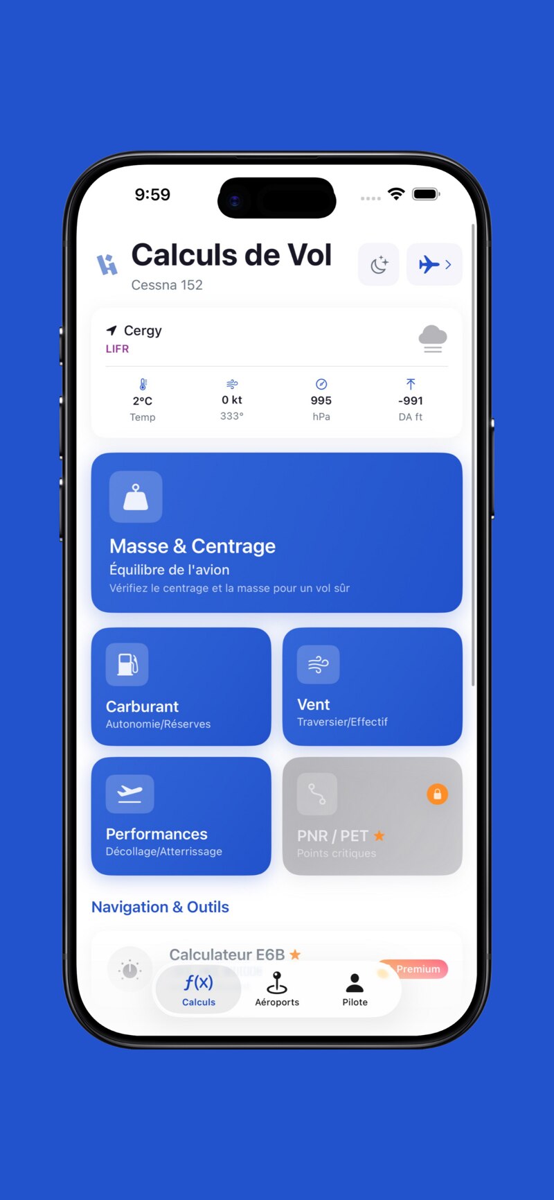 Capture d'écran PlaneCalc — Calcul de vent