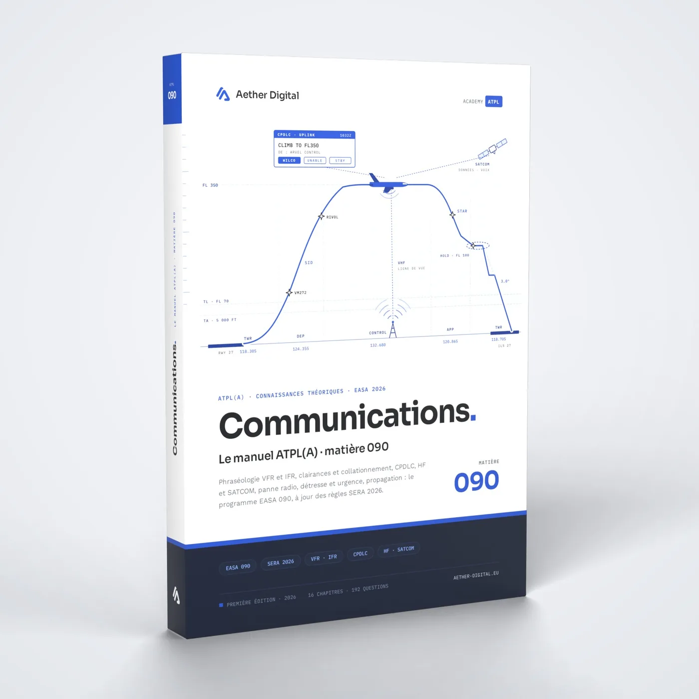 Le livre Communications ATPL 090, couverture vue de trois quarts avec la tranche