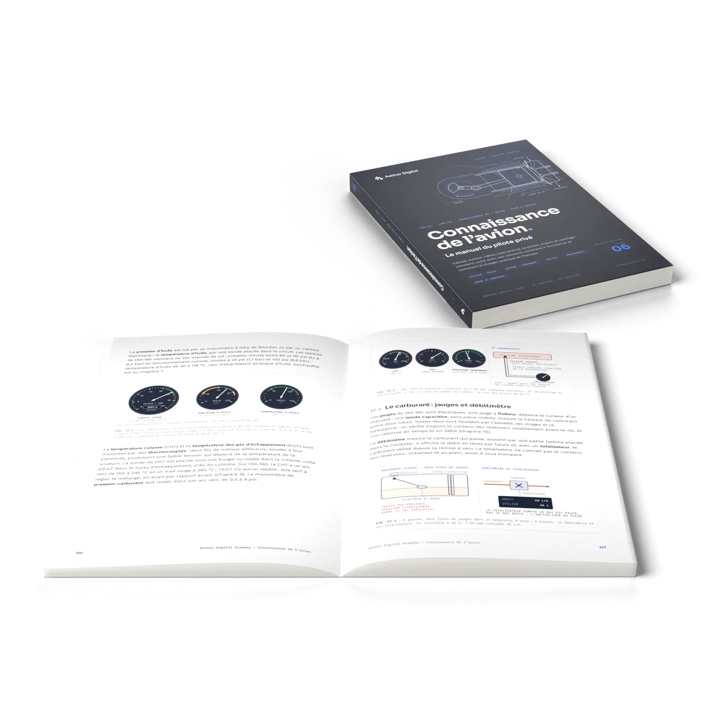 Le livre ouvert en perspective sur les instruments de bord, avec un second exemplaire