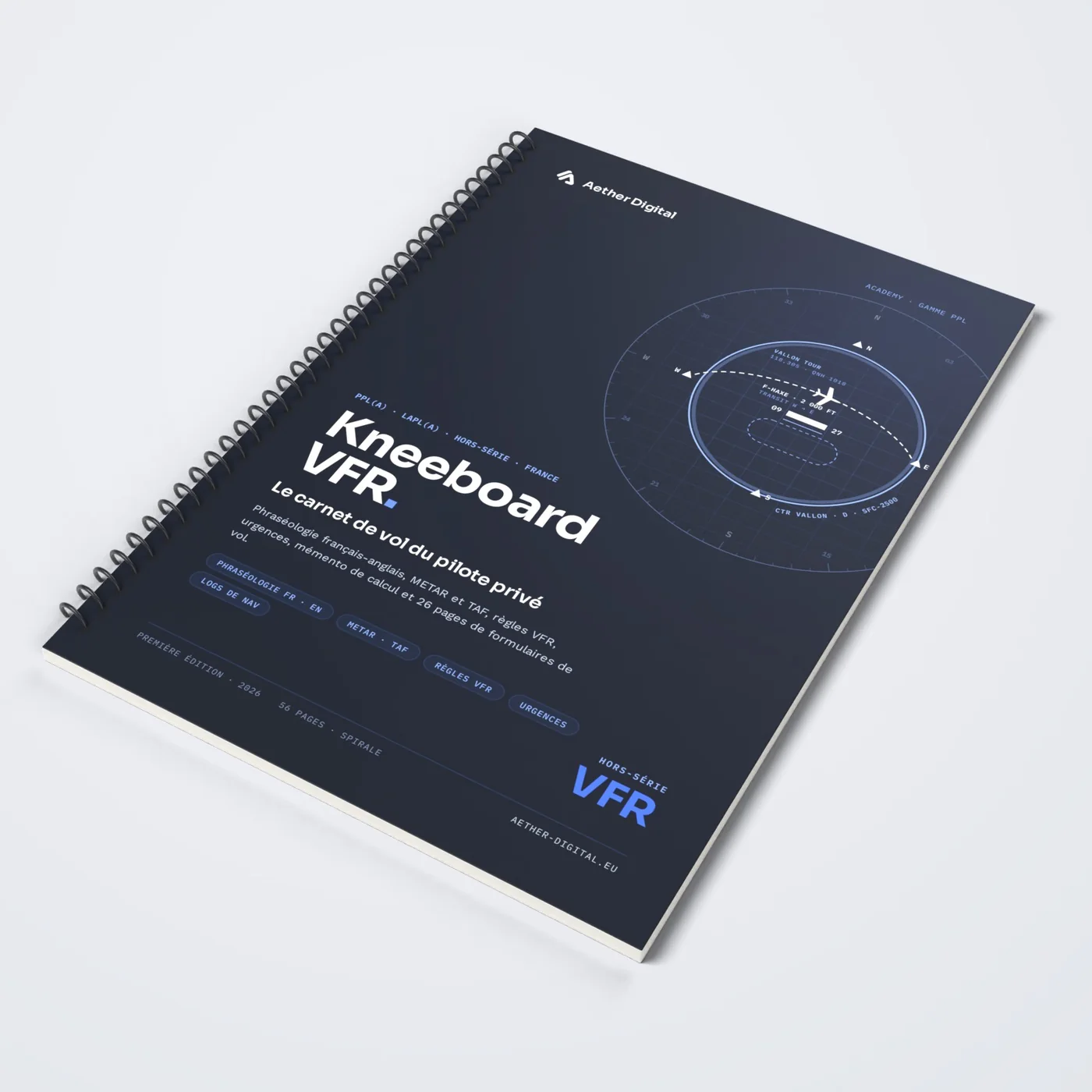 Le carnet Kneeboard VFR, couverture vue de trois quarts avec sa reliure à spirale