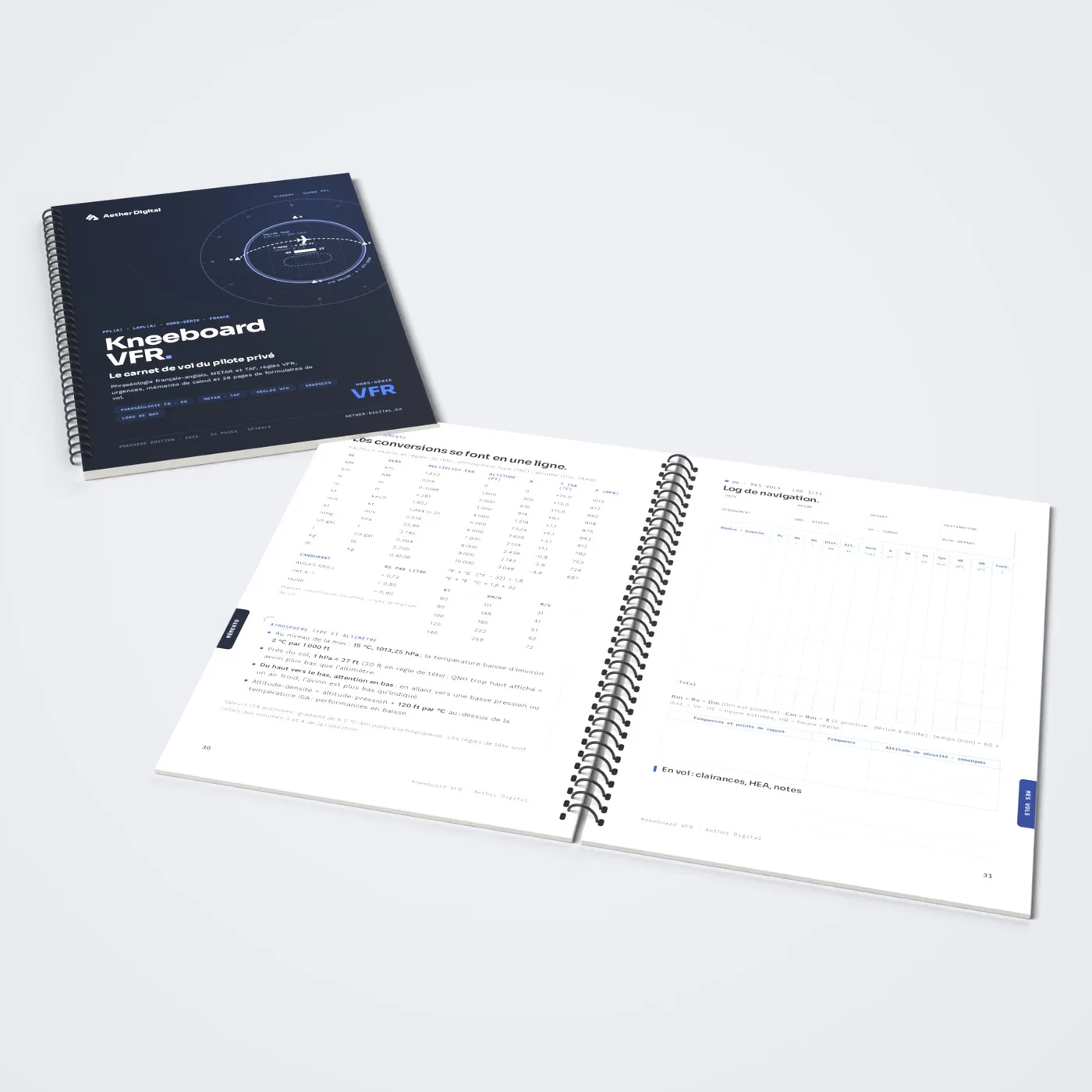 Le carnet ouvert sur le mémento de conversions et un log de navigation à remplir, avec la couverture posée à côté