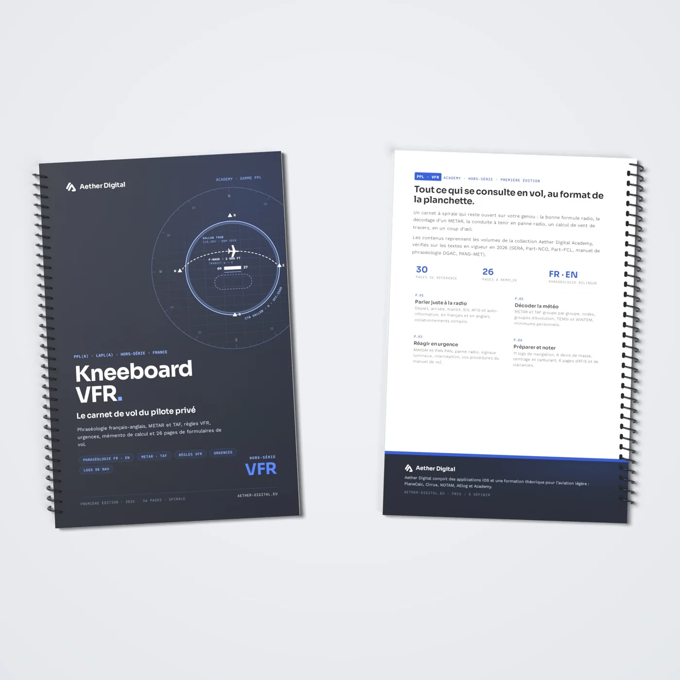 Couverture et quatrième de couverture du carnet Kneeboard VFR, reliure à spirale