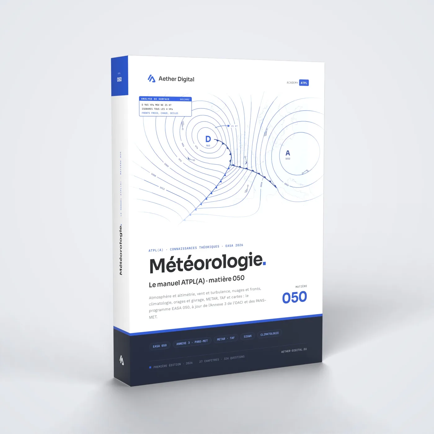 Le livre Météorologie ATPL 050, couverture vue de trois quarts avec la tranche