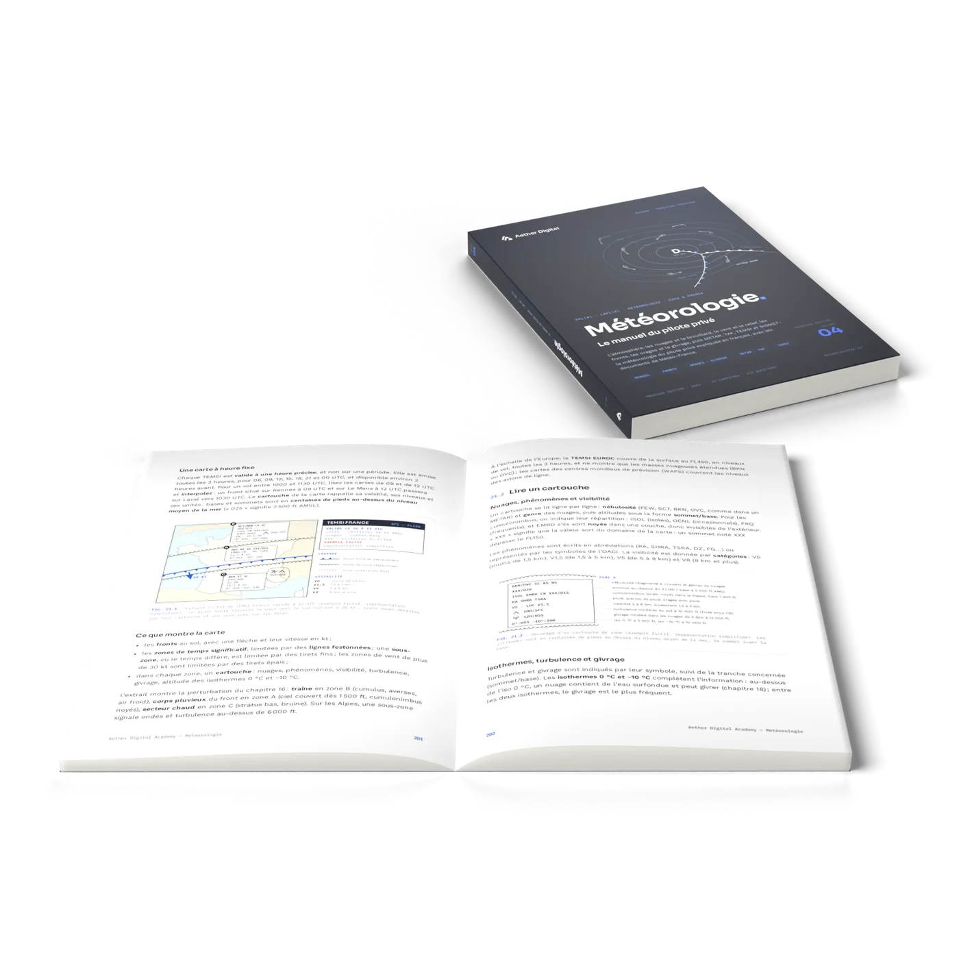 Le livre ouvert en perspective sur des documents météo, avec un second exemplaire