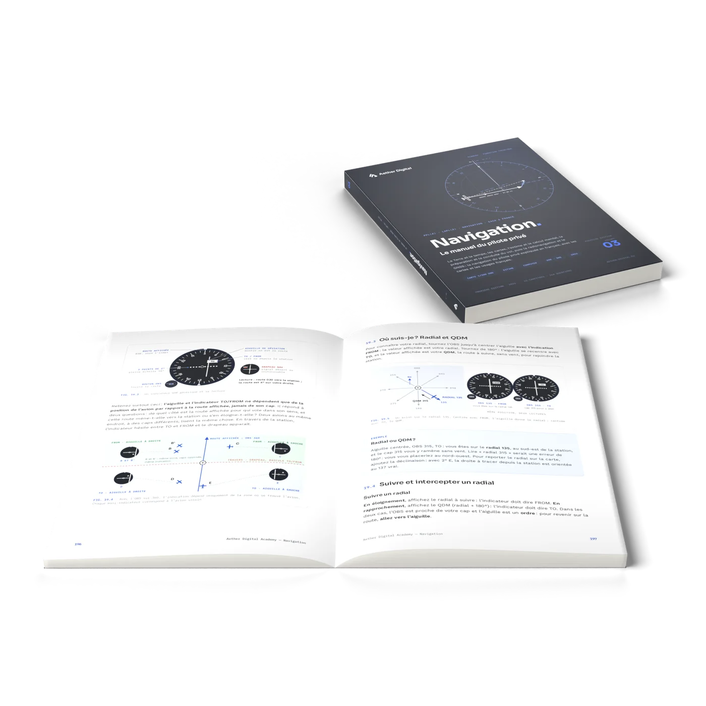 Le livre ouvert en perspective sur des schémas d’instruments de radionavigation, avec un second exemplaire