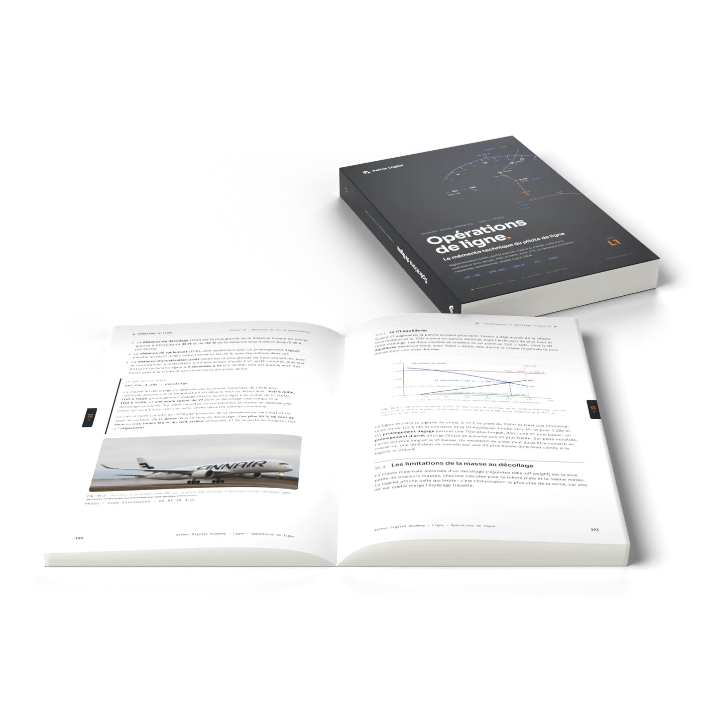 Le livre ouvert en perspective sur les performances au décollage, avec un second exemplaire